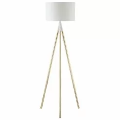 HOMCOM HOMCOM Lampadaire Trépied Style Art Déco 40 W Max. H.144 Cm Piètement Métal Doré Abat-jour Polyester Coton Blanc