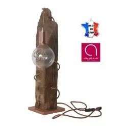 Bo Time Lampe à Poser Artisanale - Poutre Patinée, Douille Et Fils Cuivrés - Fabriquée à La Main En France - Marron