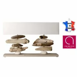 Bo Time Lampe à Poser 2 Tiges Base 75 Cm - Bois Vieilli, Bois Flotté, Galets - Fabriqué à La Main En France - Blanc