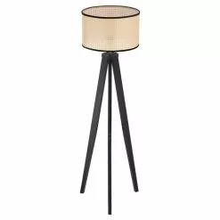 HOMCOM HOMCOM Lampadaire Trépied Cannage Style Cosy 40 W Max. H.147H Cm Piètement Effilé Bois D'hévéa Noir Abat-jout Cannage