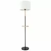 HOMCOM Lampadaire étagère Style Industriel - Piètement Mât Métal Noir - étagère, Extrémité Haute Bois D'hévéa - Abat-jour Polyester Coton Blanc