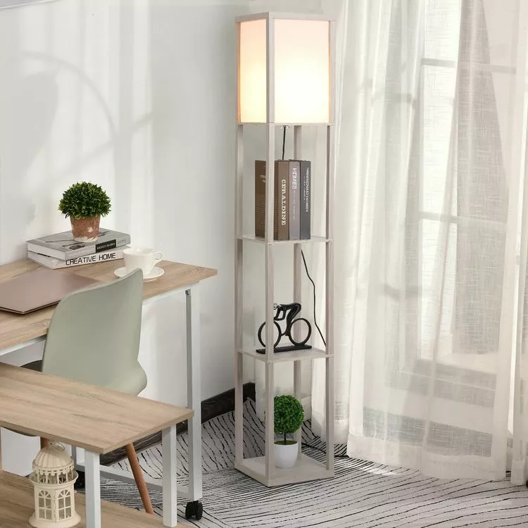 HOMCOM Lampadaire étagère Lampe étagère 26L X 26l X 160H Cm 3 étagères 4 Niveaux MDF Gris Clair – Image 2
