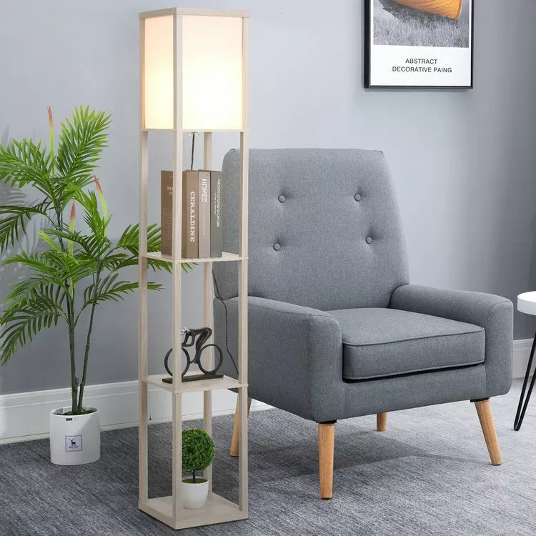 HOMCOM Lampadaire étagère Lampe étagère 26L X 26l X 160H Cm 3 étagères 4 Niveaux MDF Gris Clair – Image 5