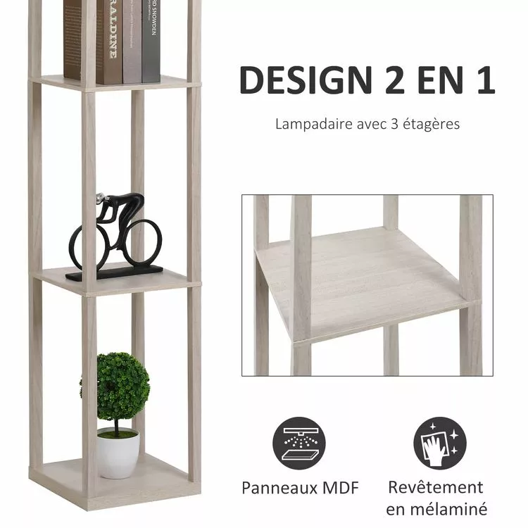 HOMCOM Lampadaire étagère Lampe étagère 26L X 26l X 160H Cm 3 étagères 4 Niveaux MDF Gris Clair – Image 6