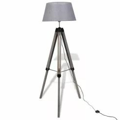 VIDAXL Lampadaire Trepied Reglable En Bois Et Abat-jour En Tissu Gris