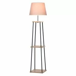 HOMCOM Lampadaire Design Contemporain Dim. 40L X 40l X 160H Cm 40 W Max. 3 étagères Intégrées Bois Massif Caoutchouc Métal Noir Lin Beige