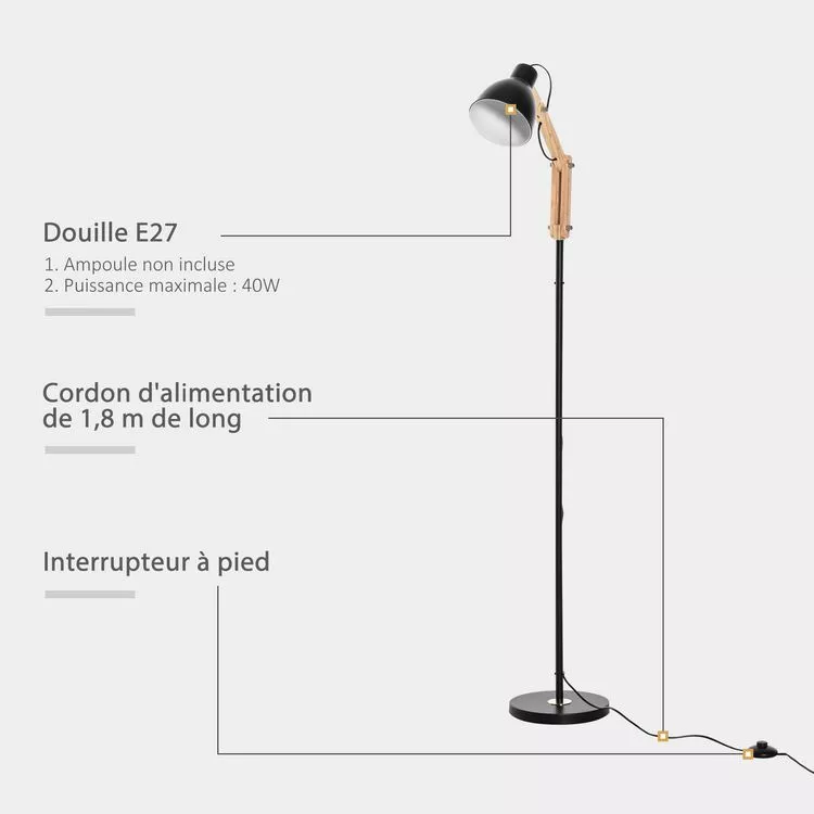 HOMCOM Lampadaire Design Style Industriel 40 W Max. Angle Réglable Métal Noir – Image 6