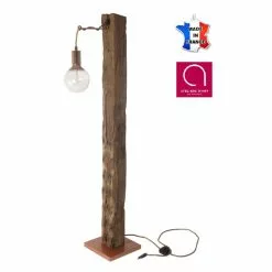 Bo Time Lampe à Pied Artisanale - Poutre Patinée, Douille Et Fils Cuivrés - Fabriquée à La Main En France - Marron